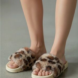 Leopard Print Faux Fur Slide Sandals Euro 38
